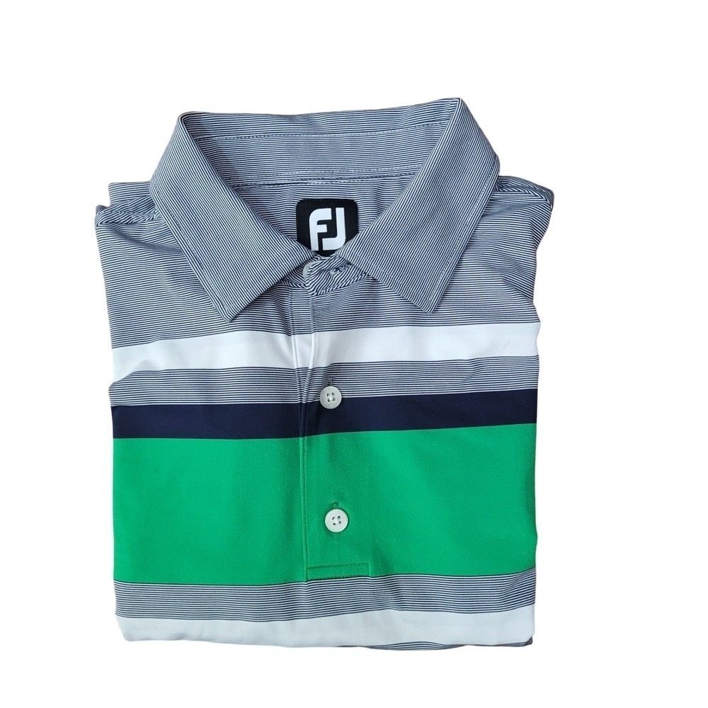 FootJoy FJ Golf Polo Shirt Men's Size M Striped‎ Green Blue White Breathable
